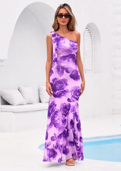 PRETTYGARDEN Womens Summer One Shoulder Maxi Dress Floral Sleeveless Bodycon Mesh Long Formal Wedding Guest Dresses PRETTYGARDEN