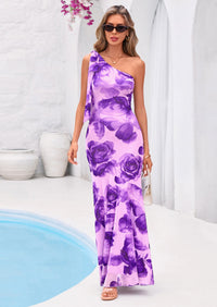 PRETTYGARDEN Womens Summer One Shoulder Maxi Dress Floral Sleeveless Bodycon Mesh Long Formal Wedding Guest Dresses PRETTYGARDEN