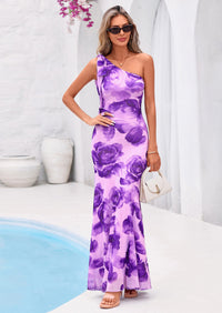 PRETTYGARDEN Womens Summer One Shoulder Maxi Dress Floral Sleeveless Bodycon Mesh Long Formal Wedding Guest Dresses PRETTYGARDEN