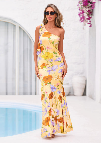 PRETTYGARDEN Womens Summer One Shoulder Maxi Dress Floral Sleeveless Bodycon Mesh Long Formal Wedding Guest Dresses PRETTYGARDEN