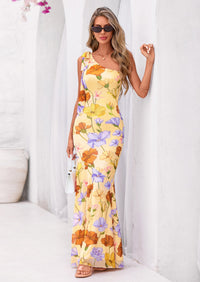 PRETTYGARDEN Womens Summer One Shoulder Maxi Dress Floral Sleeveless Bodycon Mesh Long Formal Wedding Guest Dresses PRETTYGARDEN