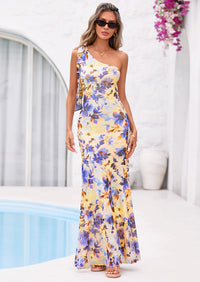 PRETTYGARDEN Womens Summer One Shoulder Maxi Dress Floral Sleeveless Bodycon Mesh Long Formal Wedding Guest Dresses PRETTYGARDEN