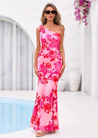 PRETTYGARDEN Womens Summer One Shoulder Maxi Dress Floral Sleeveless Bodycon Mesh Long Formal Wedding Guest Dresses PRETTYGARDEN