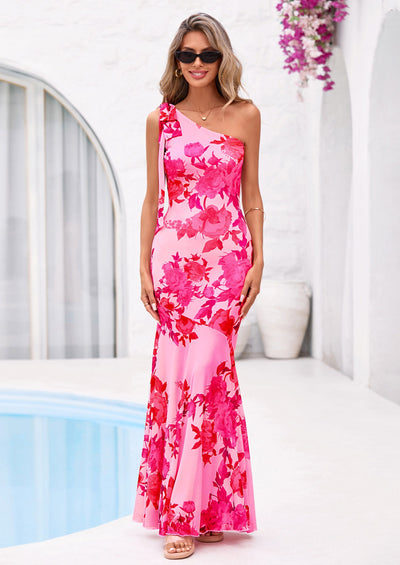 PRETTYGARDEN Womens Summer One Shoulder Maxi Dress Floral Sleeveless Bodycon Mesh Long Formal Wedding Guest Dresses PRETTYGARDEN