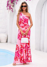 PRETTYGARDEN Womens Summer One Shoulder Maxi Dress Floral Sleeveless Bodycon Mesh Long Formal Wedding Guest Dresses PRETTYGARDEN