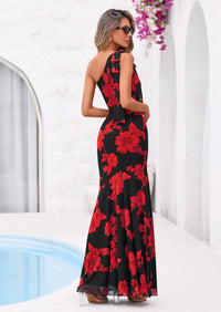 PRETTYGARDEN Womens Summer One Shoulder Maxi Dress Floral Sleeveless Bodycon Mesh Long Formal Wedding Guest Dresses PRETTYGARDEN