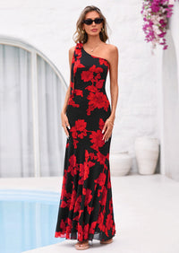 PRETTYGARDEN Womens Summer One Shoulder Maxi Dress Floral Sleeveless Bodycon Mesh Long Formal Wedding Guest Dresses PRETTYGARDEN