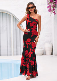 PRETTYGARDEN Womens Summer One Shoulder Maxi Dress Floral Sleeveless Bodycon Mesh Long Formal Wedding Guest Dresses PRETTYGARDEN