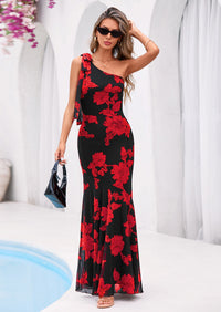 PRETTYGARDEN Womens Summer One Shoulder Maxi Dress Floral Sleeveless Bodycon Mesh Long Formal Wedding Guest Dresses PRETTYGARDEN