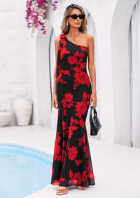 PRETTYGARDEN Womens Summer One Shoulder Maxi Dress Floral Sleeveless Bodycon Mesh Long Formal Wedding Guest Dresses PRETTYGARDEN