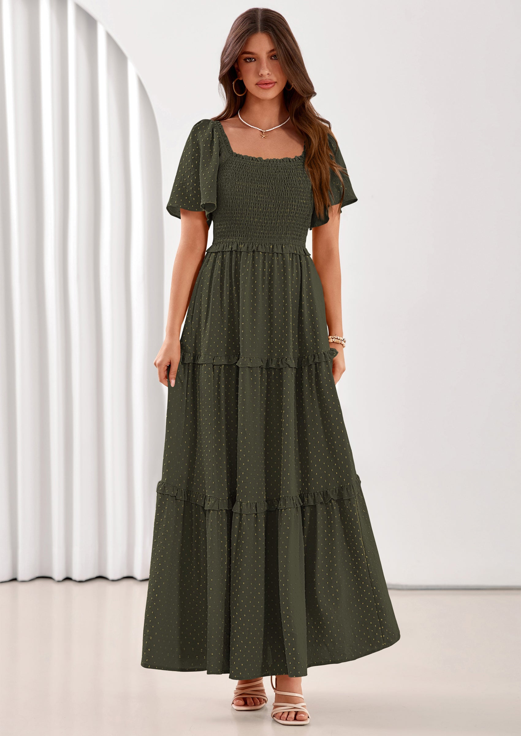 PRETTYGARDEN Summer Dresses for Women Boho Swiss Dot Smocked Square Neck Short Sleeve Spring Wedding Guest Maxi Dress PRETTYGARDEN