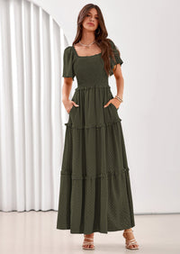 PRETTYGARDEN Summer Dresses for Women Boho Swiss Dot Smocked Square Neck Short Sleeve Spring Wedding Guest Maxi Dress PRETTYGARDEN