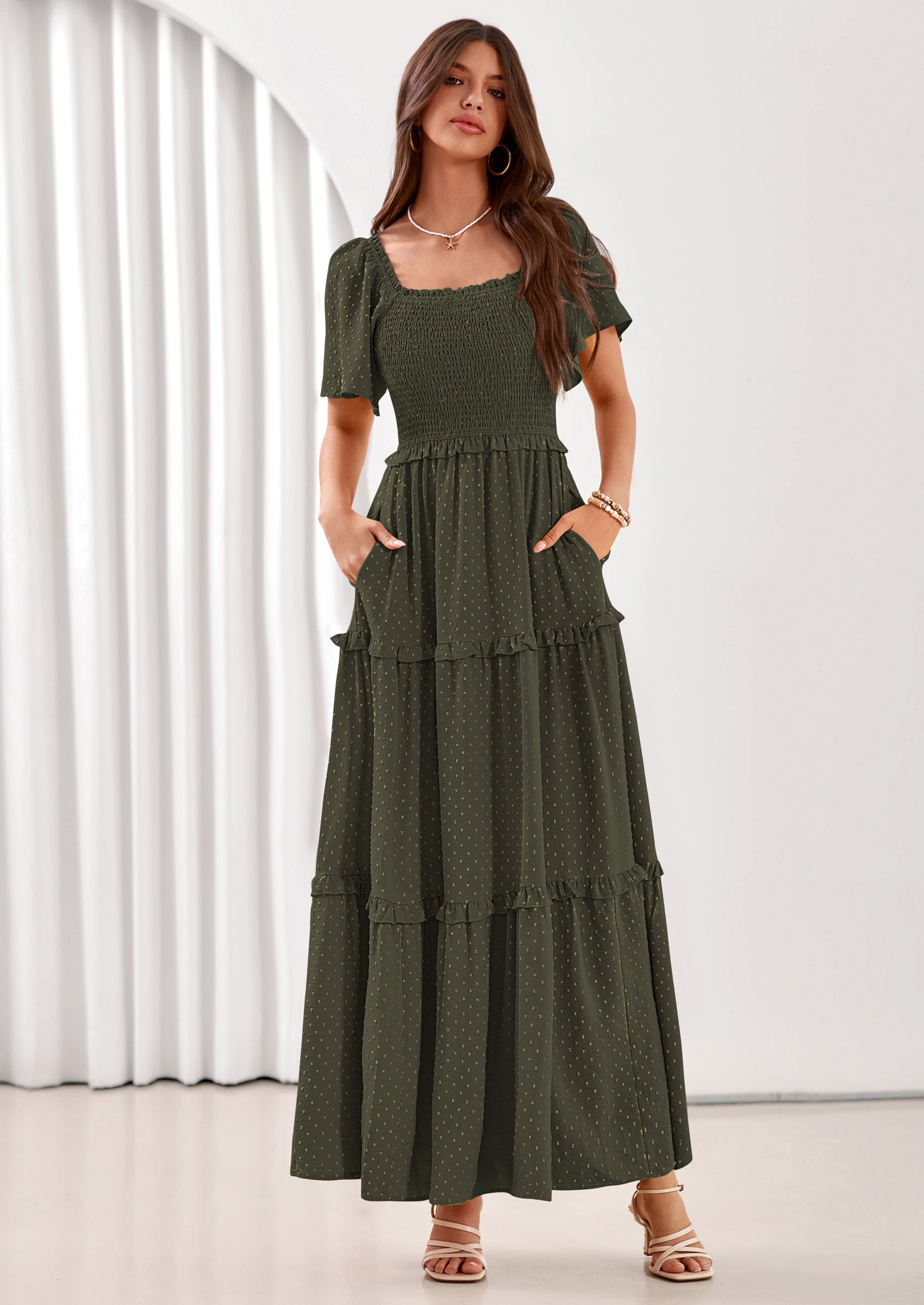 PRETTYGARDEN Summer Dresses for Women Boho Swiss Dot Smocked Square Neck Short Sleeve Spring Wedding Guest Maxi Dress PRETTYGARDEN