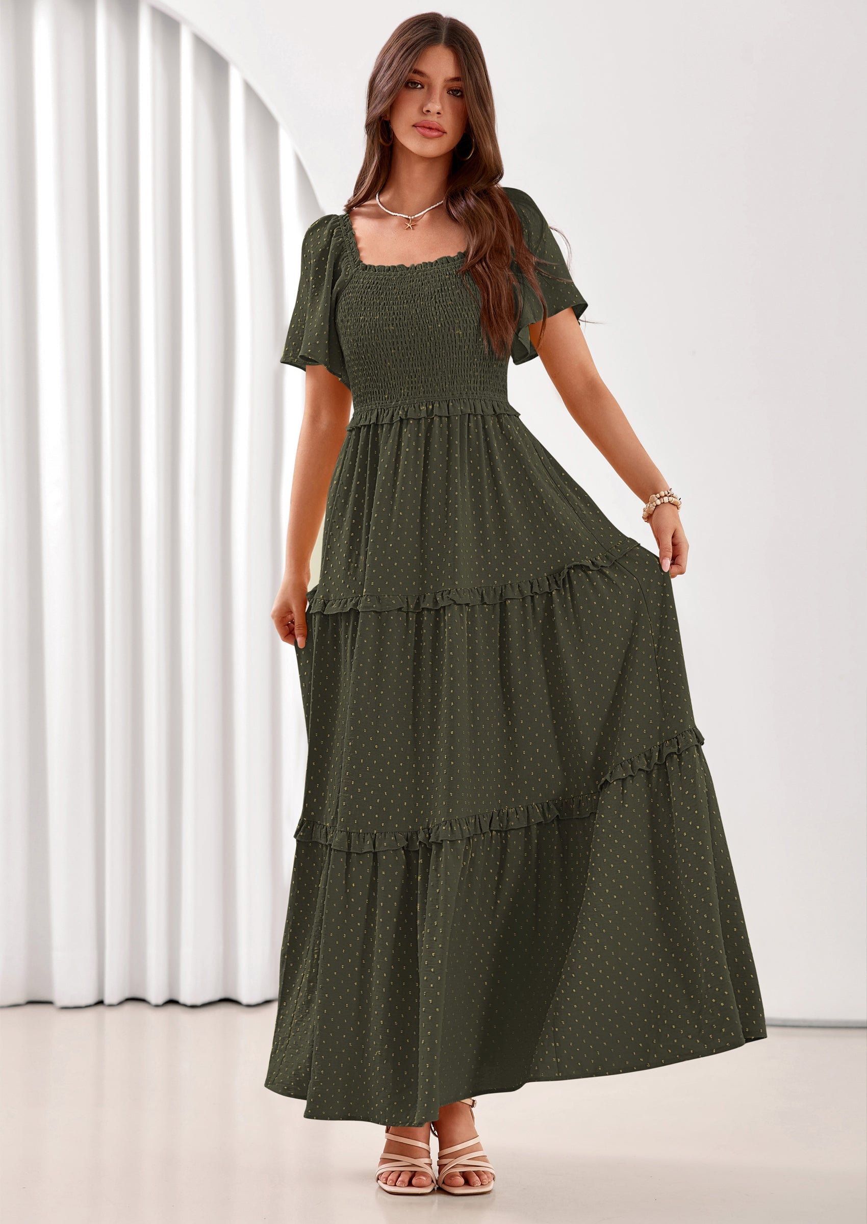 PRETTYGARDEN Summer Dresses for Women Boho Swiss Dot Smocked Square Neck Short Sleeve Spring Wedding Guest Maxi Dress PRETTYGARDEN