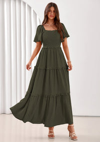 PRETTYGARDEN Summer Dresses for Women Boho Swiss Dot Smocked Square Neck Short Sleeve Spring Wedding Guest Maxi Dress PRETTYGARDEN