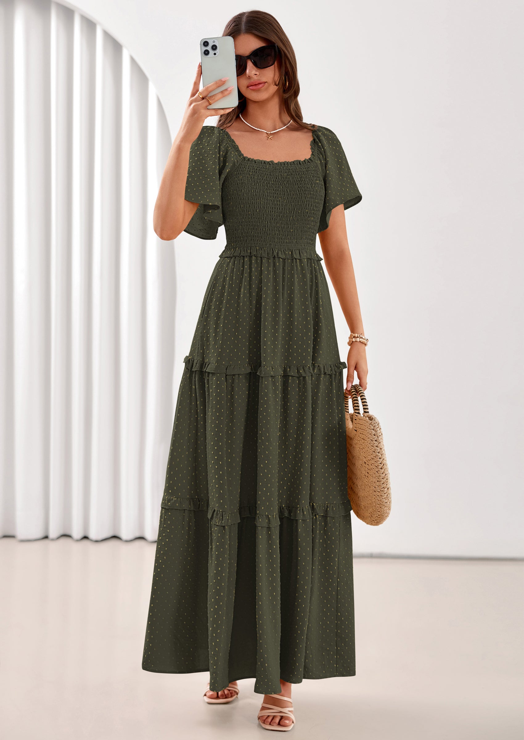 PRETTYGARDEN Summer Dresses for Women Boho Swiss Dot Smocked Square Neck Short Sleeve Spring Wedding Guest Maxi Dress PRETTYGARDEN