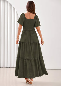 PRETTYGARDEN Summer Dresses for Women Boho Swiss Dot Smocked Square Neck Short Sleeve Spring Wedding Guest Maxi Dress PRETTYGARDEN