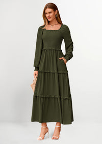PRETTYGARDEN Women Fall Long Sleeve Smocked Maxi Dress Casual Square Neck Swiss Dot Tiered Ruffle Flowy Spring Pocket Dresses