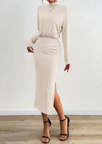 PRETTYGARDEN Turtle Neck Dresses for Women Fall Knit Outfits Slit Elastic Waist Long Sleeve Bodycon Midi Sweater Dress