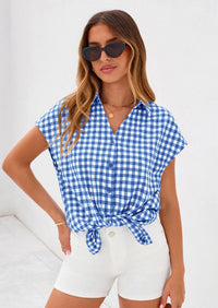 PRETTYGARDEN Womens Button Dwon Shirts V Neck Short Cap Sleeve Collared Plaid Tops Summer Spring Casual Blouses Clothes PRETTYGARDEN