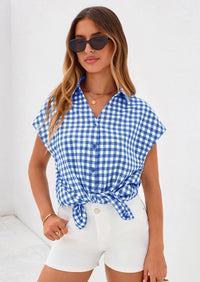 PRETTYGARDEN Womens Button Dwon Shirts V Neck Short Cap Sleeve Collared Plaid Tops Summer Spring Casual Blouses Clothes PRETTYGARDEN