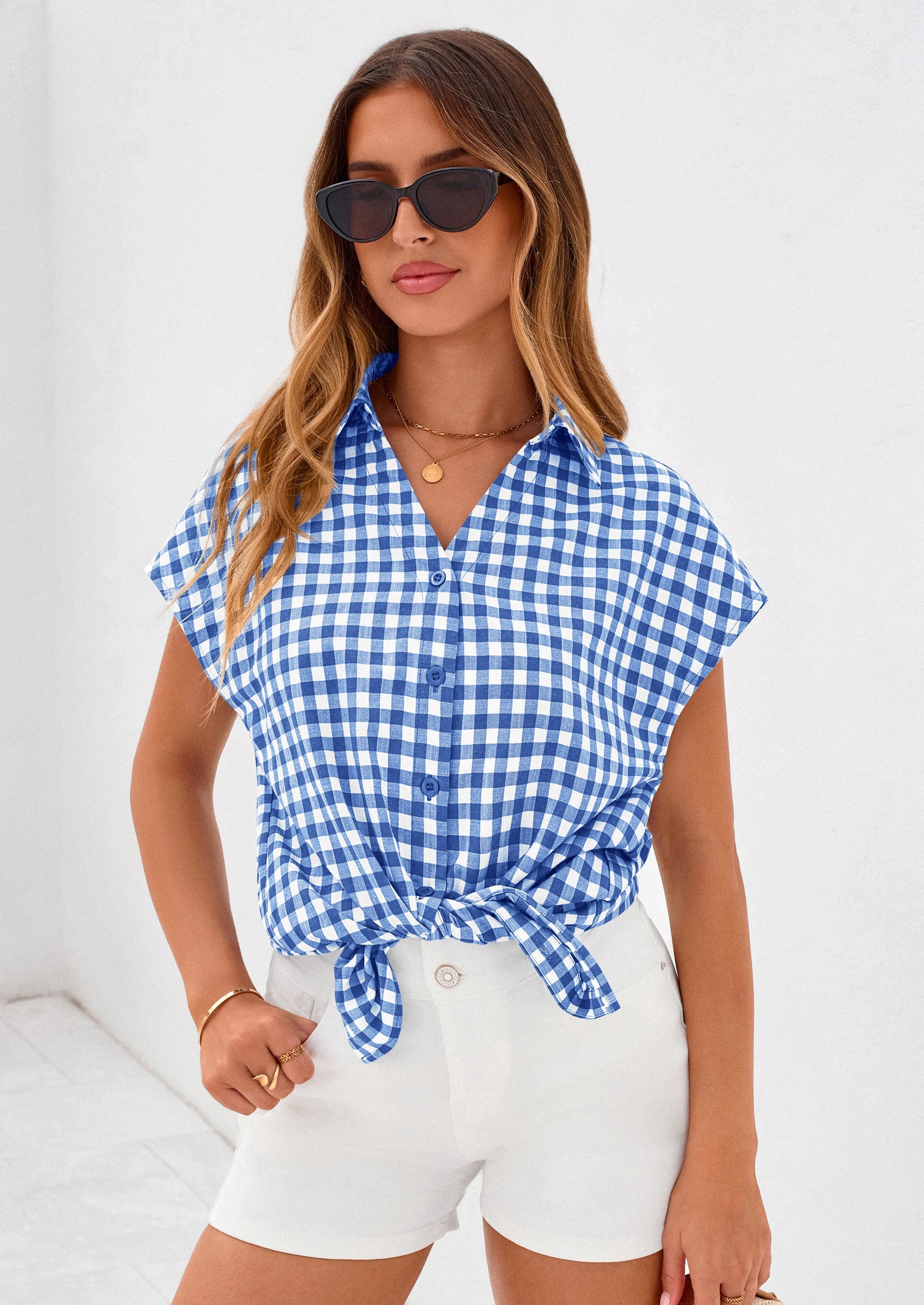 PRETTYGARDEN Womens Button Dwon Shirts V Neck Short Cap Sleeve Collared Plaid Tops Summer Spring Casual Blouses Clothes PRETTYGARDEN