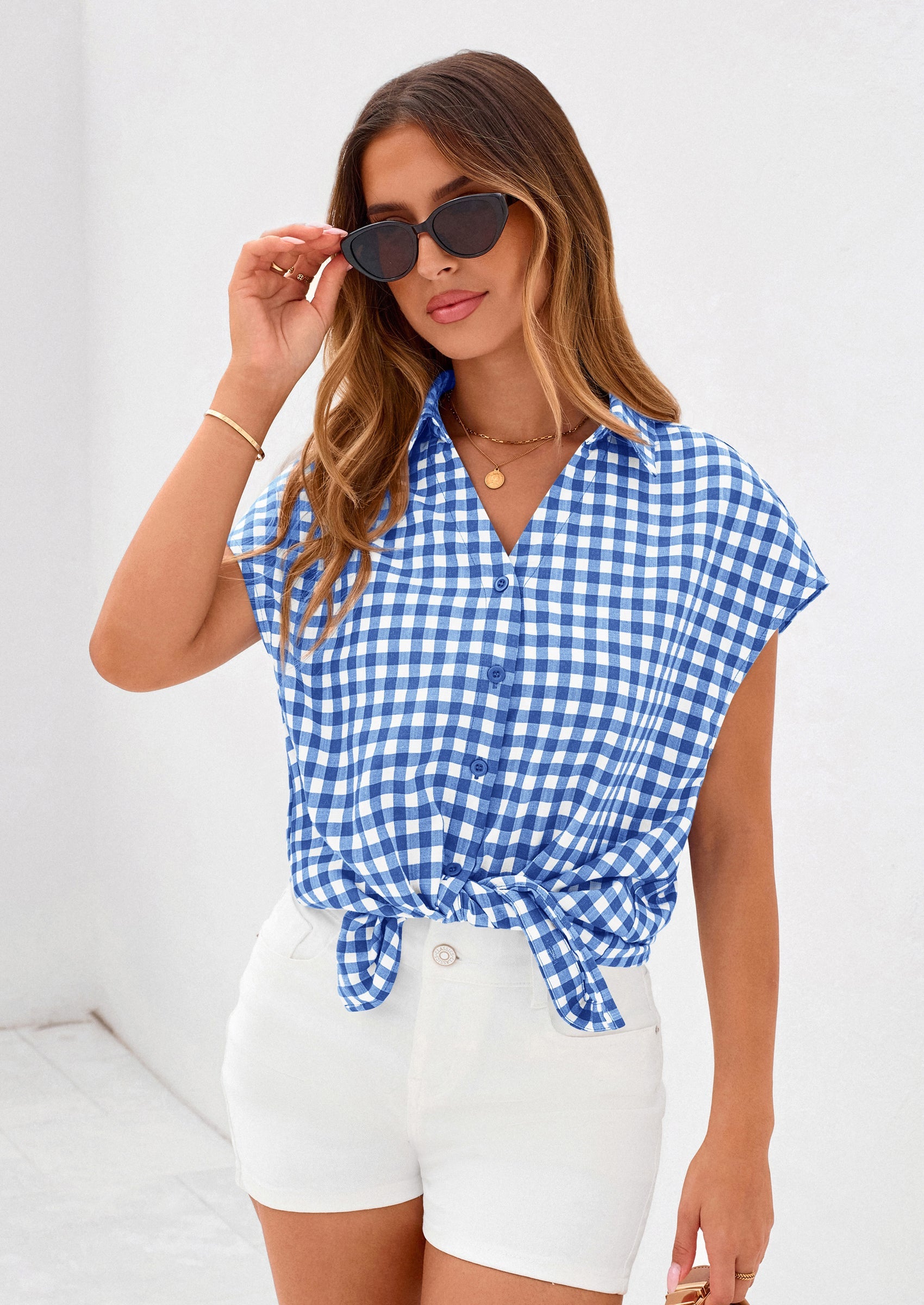 PRETTYGARDEN Womens Button Dwon Shirts V Neck Short Cap Sleeve Collared Plaid Tops Summer Spring Casual Blouses Clothes PRETTYGARDEN