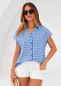 PRETTYGARDEN Womens Button Dwon Shirts V Neck Short Cap Sleeve Collared Plaid Tops Summer Spring Casual Blouses Clothes PRETTYGARDEN