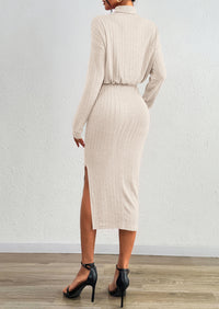 PRETTYGARDEN Turtle Neck Dresses for Women Fall Knit Outfits Slit Elastic Waist Long Sleeve Bodycon Midi Sweater Dress