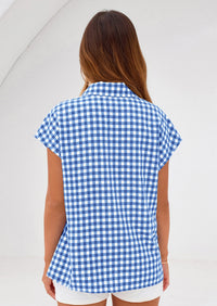 PRETTYGARDEN Womens Button Dwon Shirts V Neck Short Cap Sleeve Collared Plaid Tops Summer Spring Casual Blouses Clothes PRETTYGARDEN