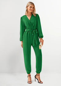 PRETTYGARDEN Women's Fall Jumpsuits Dressy Casual Pants Romper Spring Long Sleeve V Neck Belt Pockets One Piece Outfits