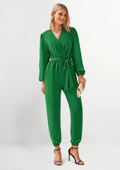 PRETTYGARDEN Women's Fall Jumpsuits Dressy Casual Pants Romper Spring Long Sleeve V Neck Belt Pockets One Piece Outfits