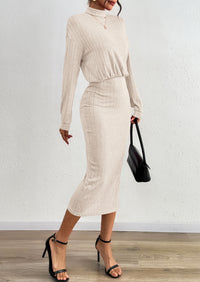 PRETTYGARDEN Turtle Neck Dresses for Women Fall Knit Outfits Slit Elastic Waist Long Sleeve Bodycon Midi Sweater Dress