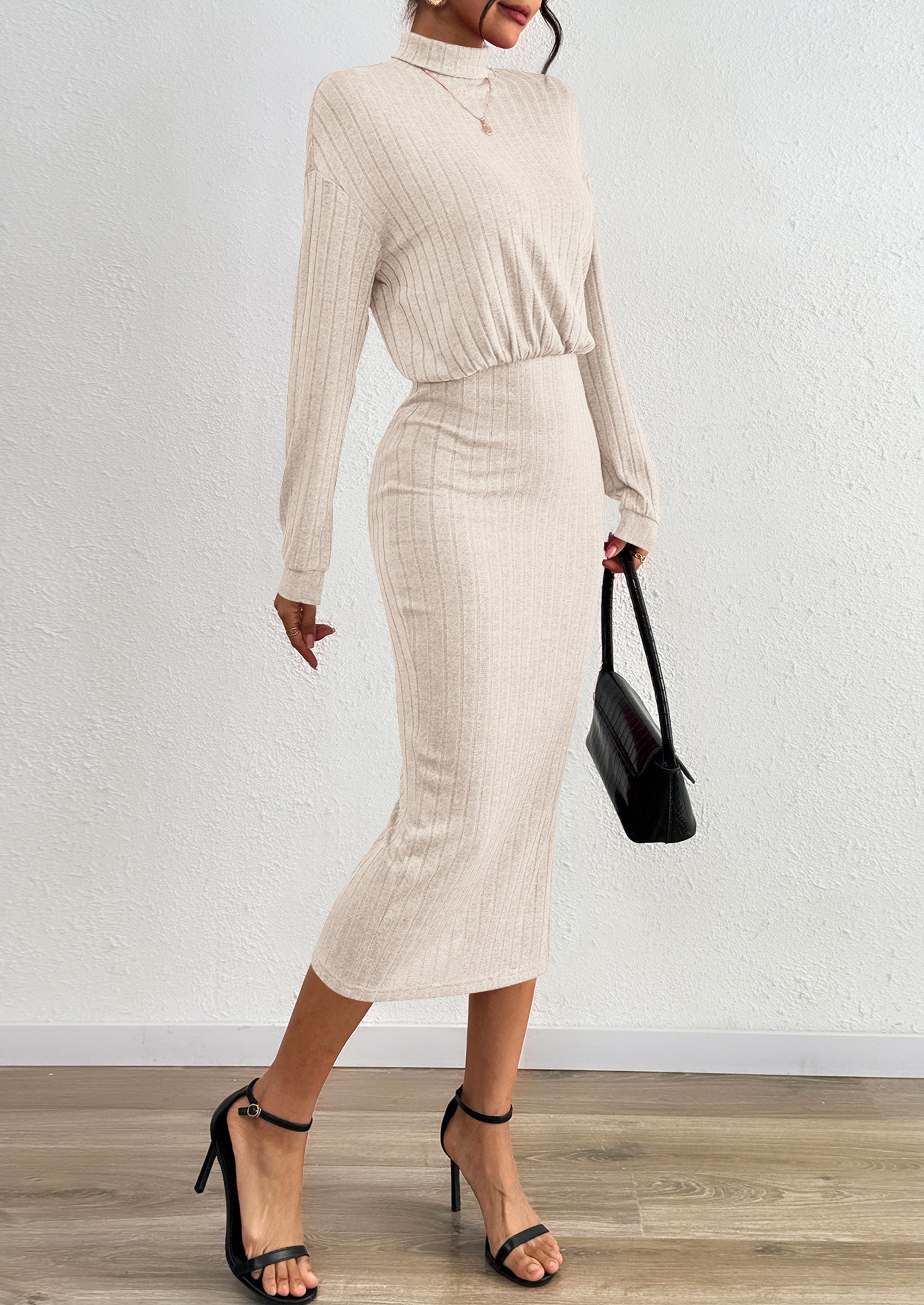 PRETTYGARDEN Turtle Neck Dresses for Women Fall Knit Outfits Slit Elastic Waist Long Sleeve Bodycon Midi Sweater Dress