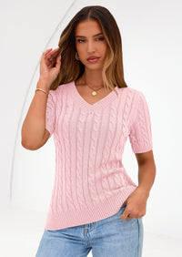 PRETTYGARDEN Womens Summer Short Sleeve Sweater Cable Knit V Neck Sweaters Shirts Fitted Work Tops Business Casual Outfits PRETTYGARDEN