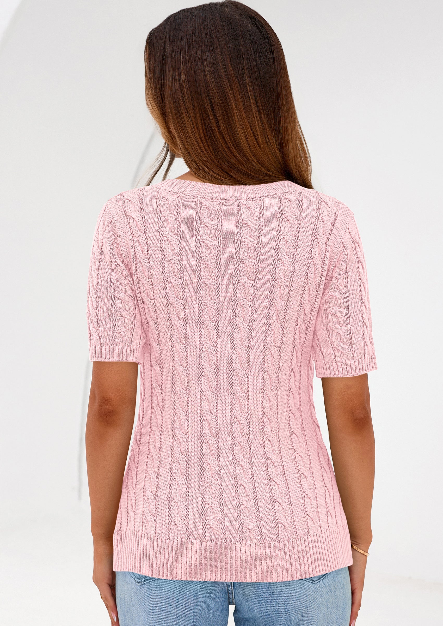 PRETTYGARDEN Womens Summer Short Sleeve Sweater Cable Knit V Neck Sweaters Shirts Fitted Work Tops Business Casual Outfits PRETTYGARDEN