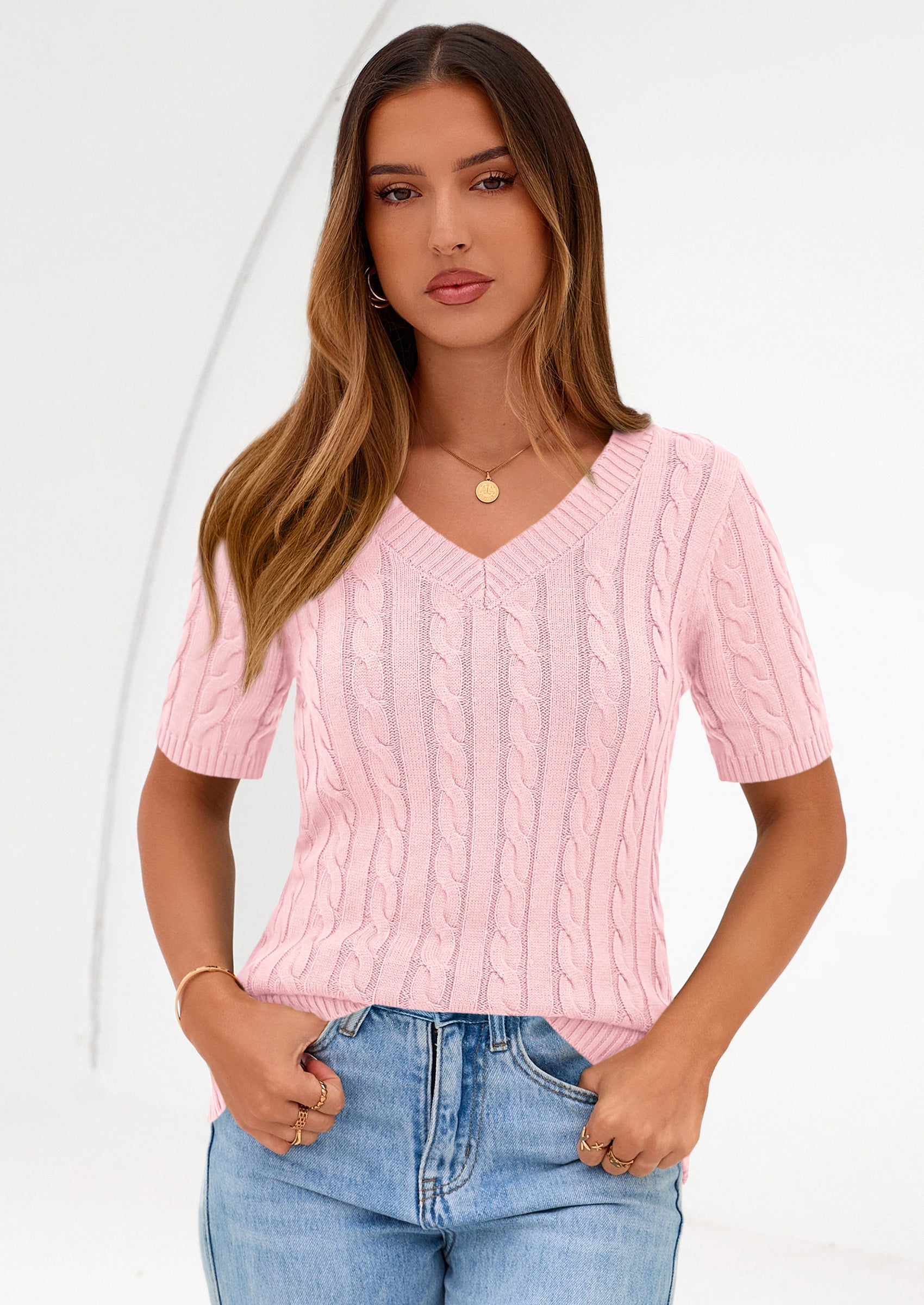 PRETTYGARDEN Womens Summer Short Sleeve Sweater Cable Knit V Neck Sweaters Shirts Fitted Work Tops Business Casual Outfits PRETTYGARDEN