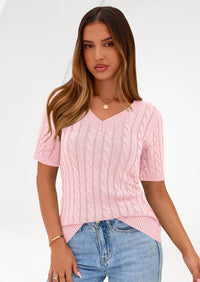 PRETTYGARDEN Womens Summer Short Sleeve Sweater Cable Knit V Neck Sweaters Shirts Fitted Work Tops Business Casual Outfits PRETTYGARDEN