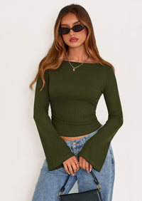 PRETTYGARDEN Women's Long Sleeve Shirts Fall Going Out Tops Casual Boat Neck Bell Sleeve Ribbed Ruched Y2K Clothes