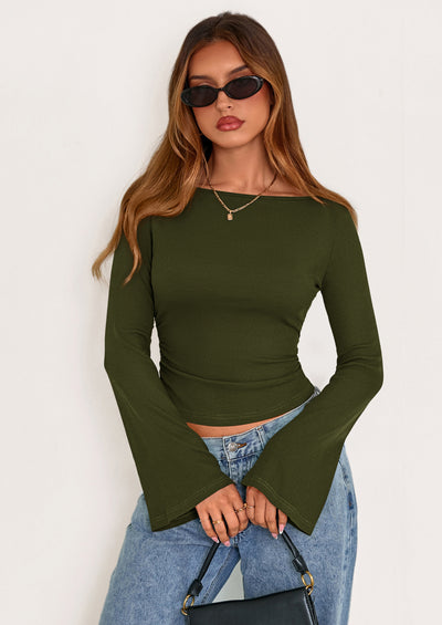 PRETTYGARDEN Women's Long Sleeve Shirts Fall Going Out Tops Casual Boat Neck Bell Sleeve Ribbed Ruched Y2K Clothes