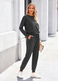 PRETTYGARDEN Lounge Outfit Long Sleeve Crewneck Pullover High Waisted Pants Set Tracksuit