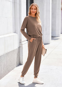 PRETTYGARDEN Lounge Outfit Long Sleeve Crewneck Pullover High Waisted Pants Set Tracksuit