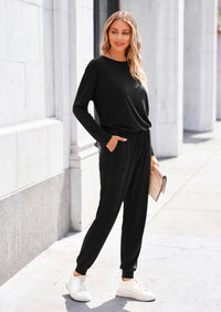 PRETTYGARDEN Lounge Outfit Long Sleeve Crewneck Pullover High Waisted Pants Set Tracksuit