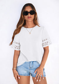 PRETTYGARDEN Summer Tops for Women Lace Short Sleeve T-Shirts Casual Blouses Spring Fashion Clothes Vacation Outfits PRETTYGARDEN