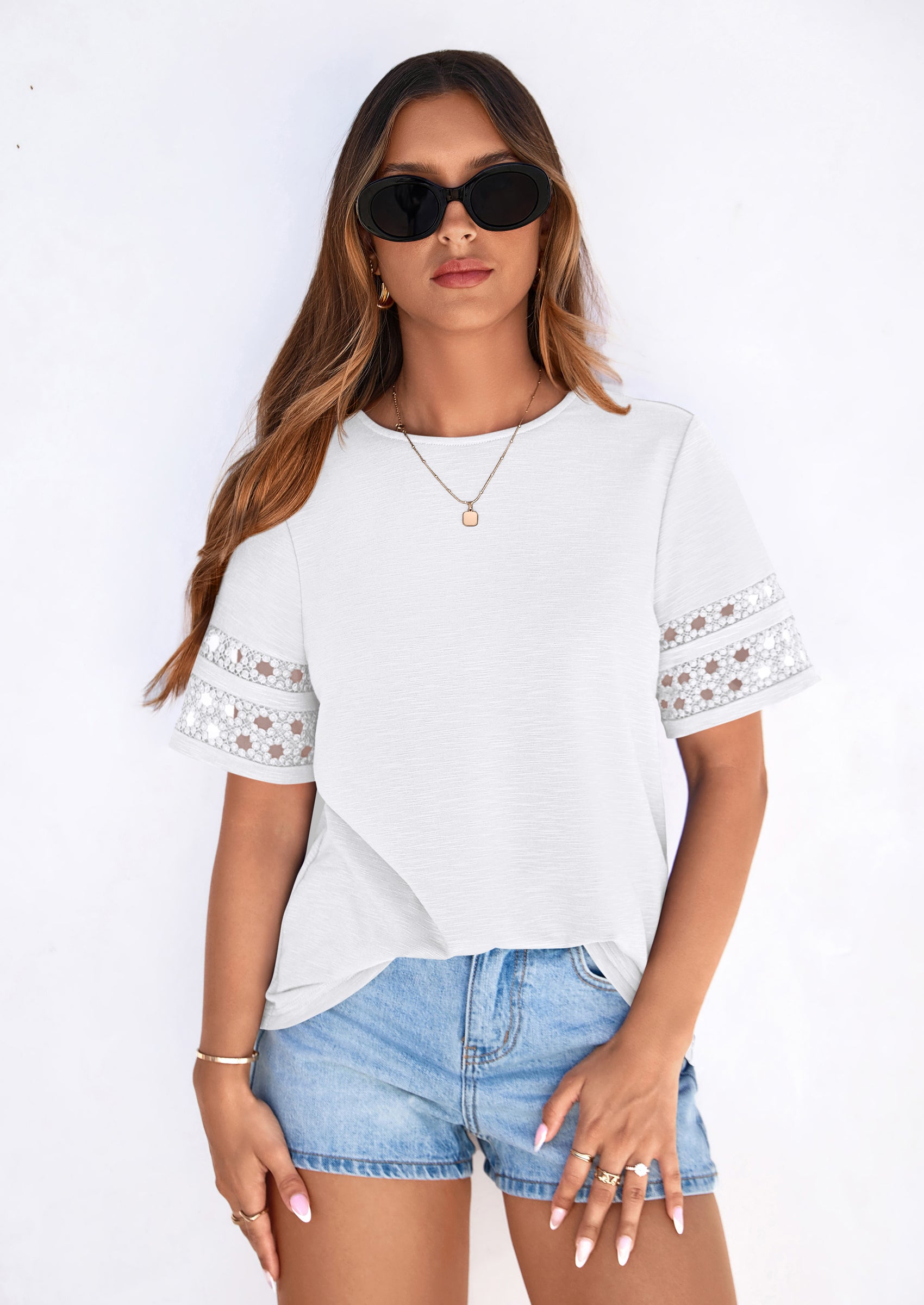 PRETTYGARDEN Summer Tops for Women Lace Short Sleeve T-Shirts Casual Blouses Spring Fashion Clothes Vacation Outfits PRETTYGARDEN