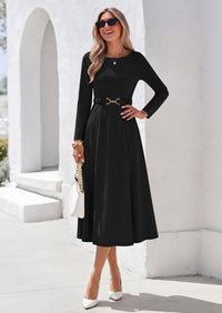 PRETTYGARDEN Women's Fall Long Sleeve Semi Formal Midi Dresses with Pockets Boat Neck, Metal Buckle Tie Waist, Flowy A Line, Elegant Classy Wedding Guest Cocktail Party Dress, Business Casual Outfits