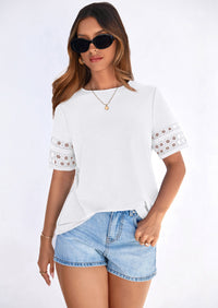 PRETTYGARDEN Summer Tops for Women Lace Short Sleeve T-Shirts Casual Blouses Spring Fashion Clothes Vacation Outfits PRETTYGARDEN