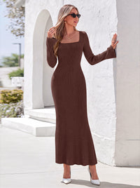 PRETTYGARDEN Women's Fall Long Sleeve Maxi Bodycon Dresses | Soft Stretchy Ribbed Knit, Bell Sleeve Square Neck Mermaid, Elegant Long Dress, Wedding Guest Party, 2026 Winter Clothing