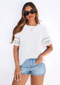 PRETTYGARDEN Summer Tops for Women Lace Short Sleeve T-Shirts Casual Blouses Spring Fashion Clothes Vacation Outfits PRETTYGARDEN