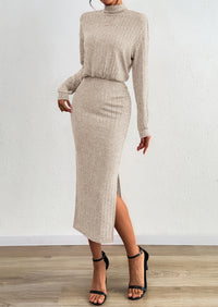 PRETTYGARDEN Turtle Neck Dresses for Women Fall Knit Outfits Slit Elastic Waist Long Sleeve Bodycon Midi Sweater Dress